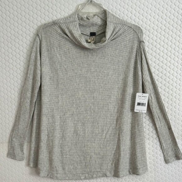 NWT Free People We the Free Gray Ribbed Raw Hem Mock Neck Top-Open Back- Size XS - Picture 1 of 9